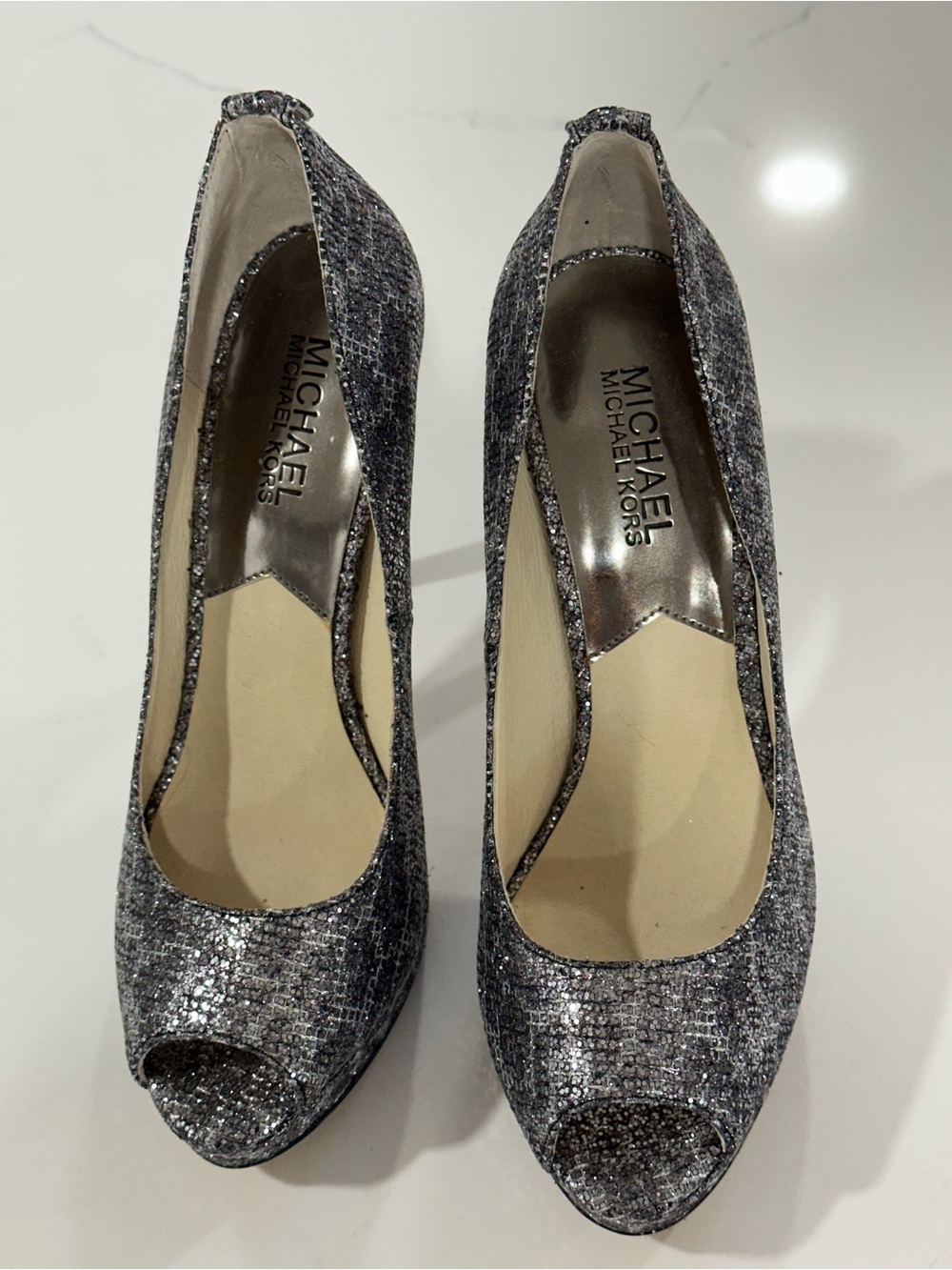 Michael Kors Silver Glitter Peep-Toe Heels